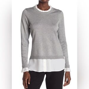 Adrianna Papell Grey/White  Women's Twofer Ruffle Neck Sweater. Size XS